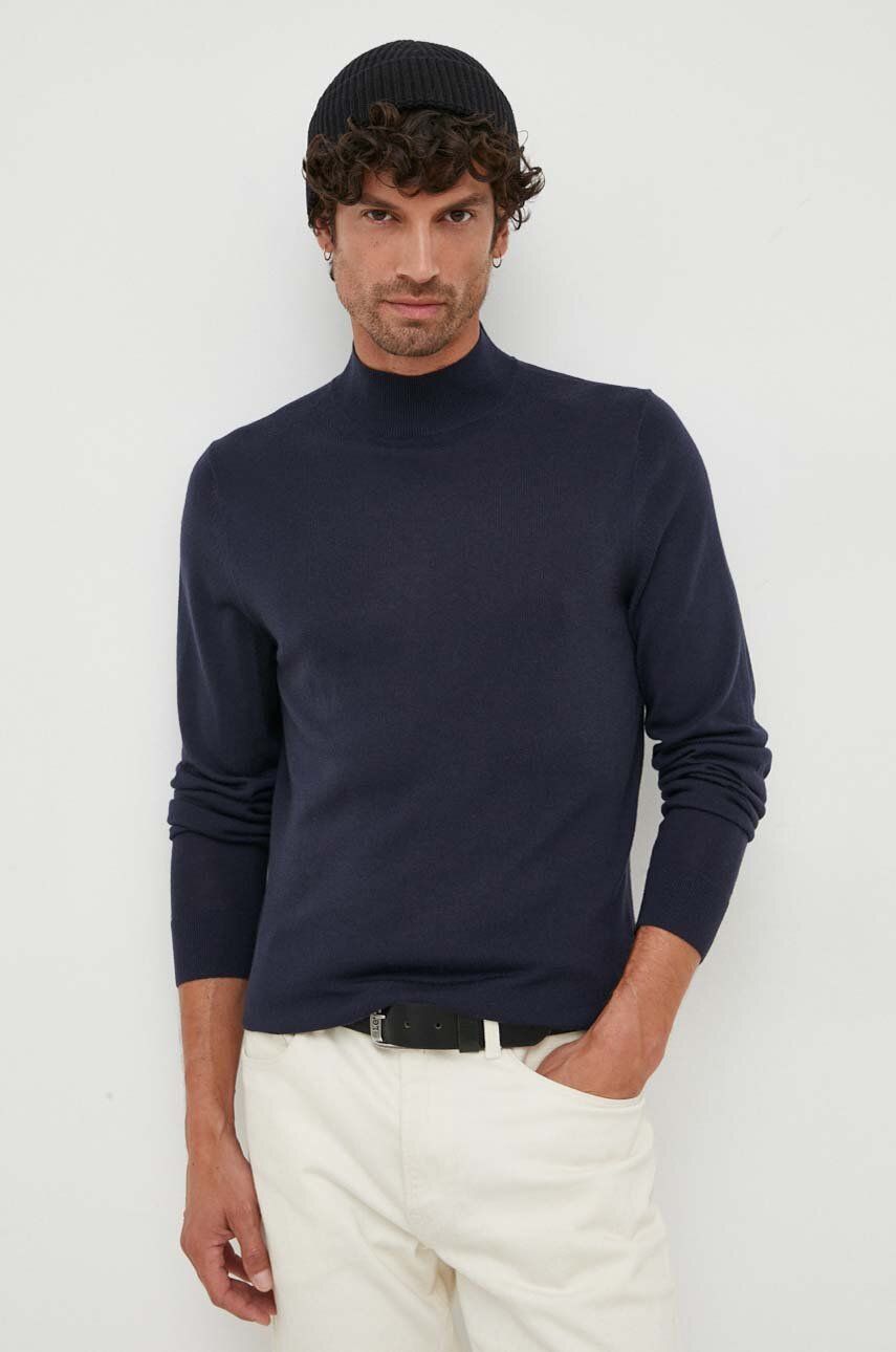 Vlněný svetr Calvin Klein pánský, tmavomodrá barva, lehký, s pologolfem - námořnická modř -  10