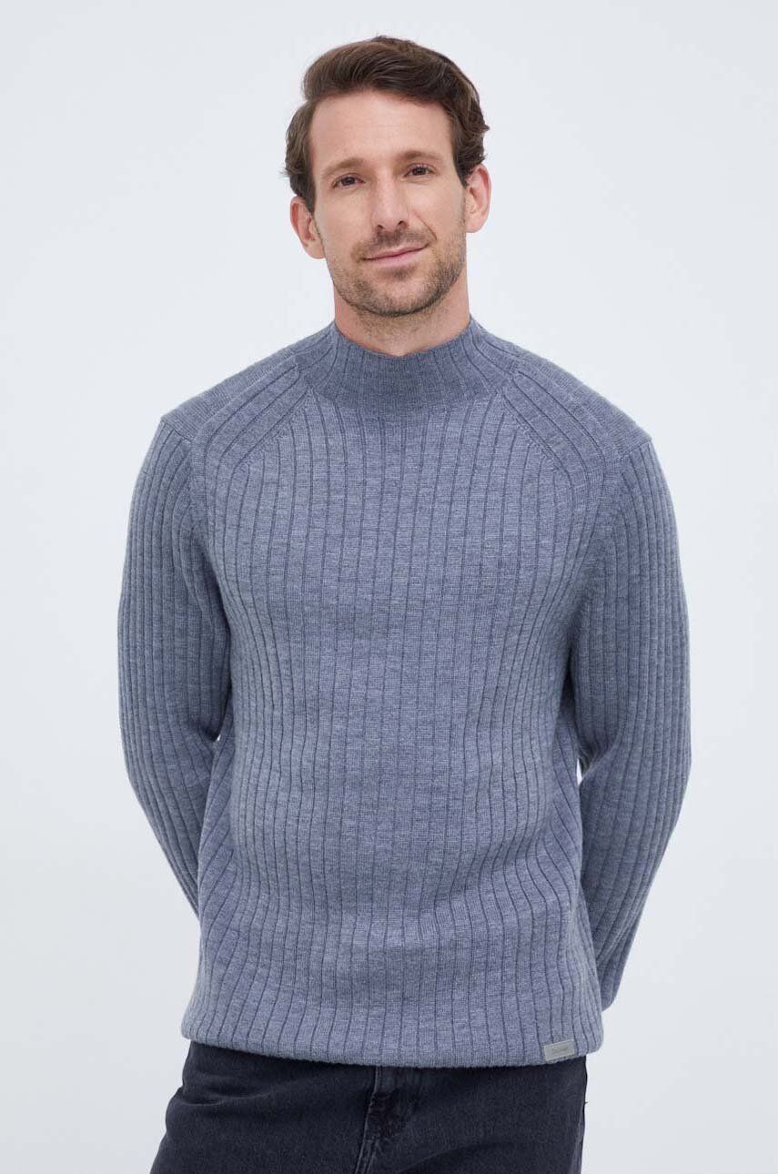 Levně Vlněný svetr Calvin Klein pánský, šedá barva, lehký, s pologolfem