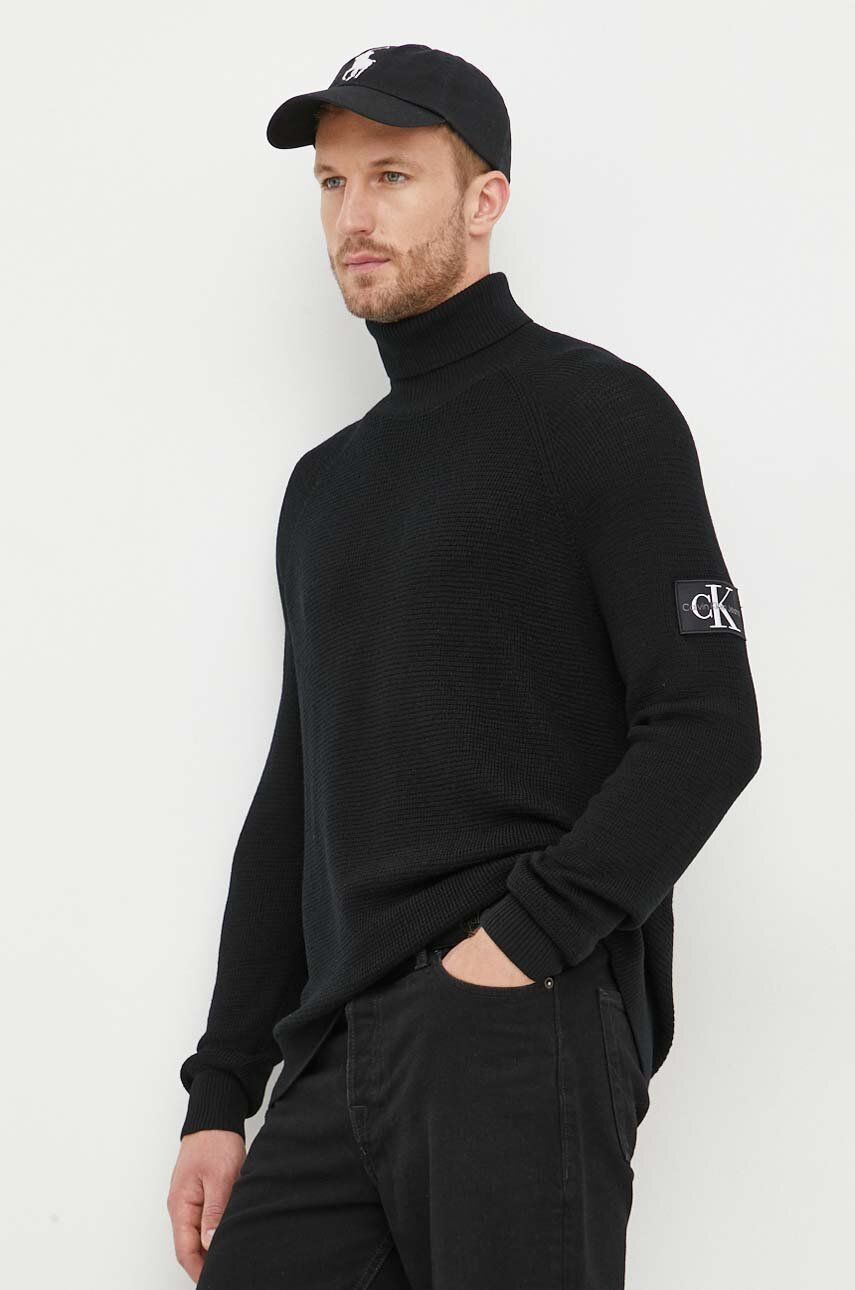 Levně Vlněný svetr Calvin Klein Jeans pánský, černá barva, lehký, s golfem