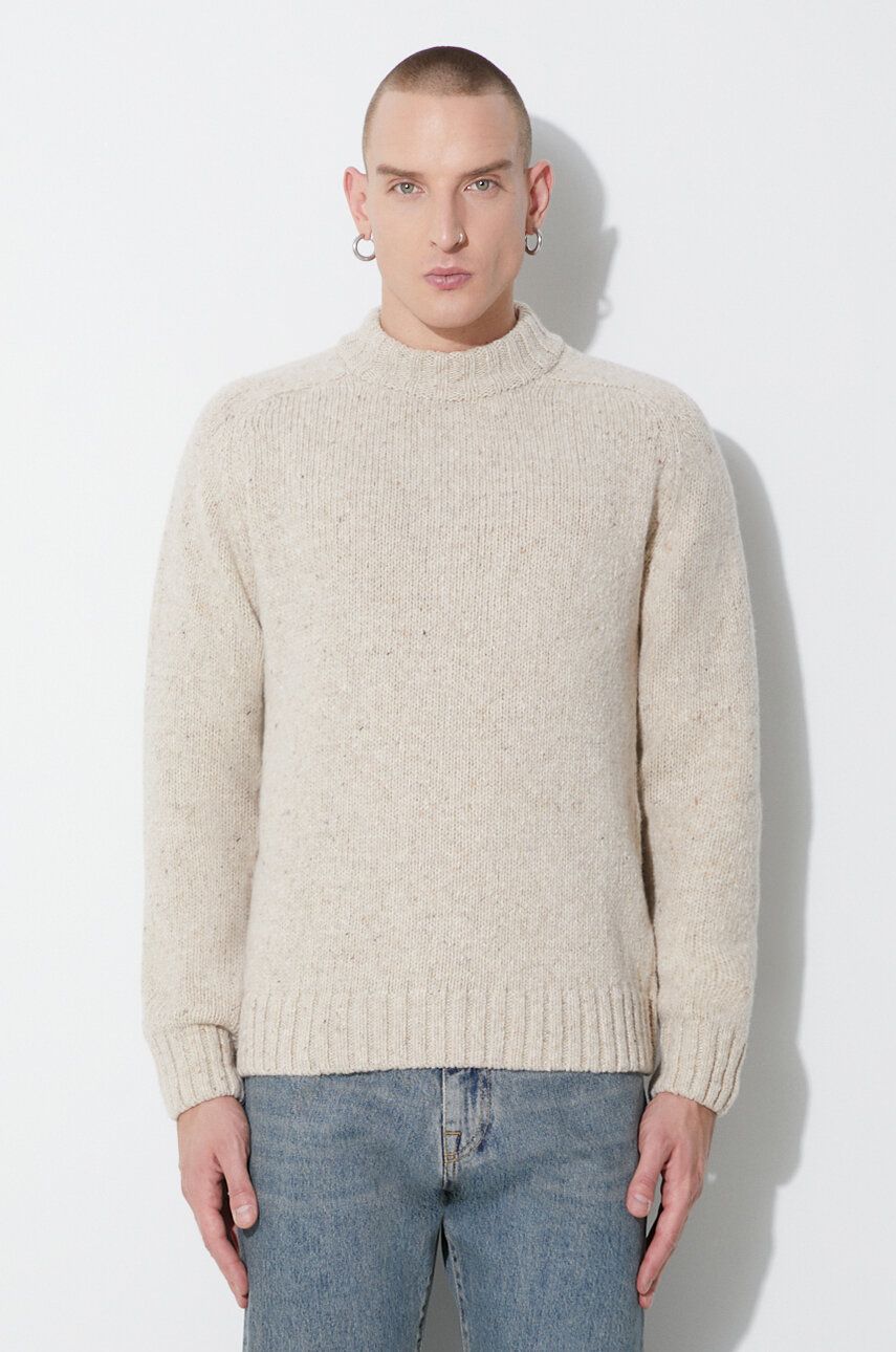 Universal Works pulover de lână VINCENT TURTLE NECK bărbați, culoarea bej, călduros, 29472