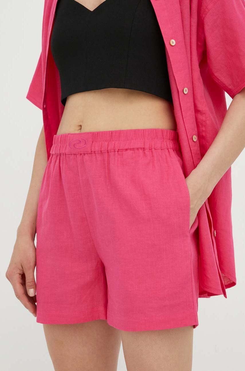 Résumé pantaloni scurti din in culoarea roz, neted, high waist