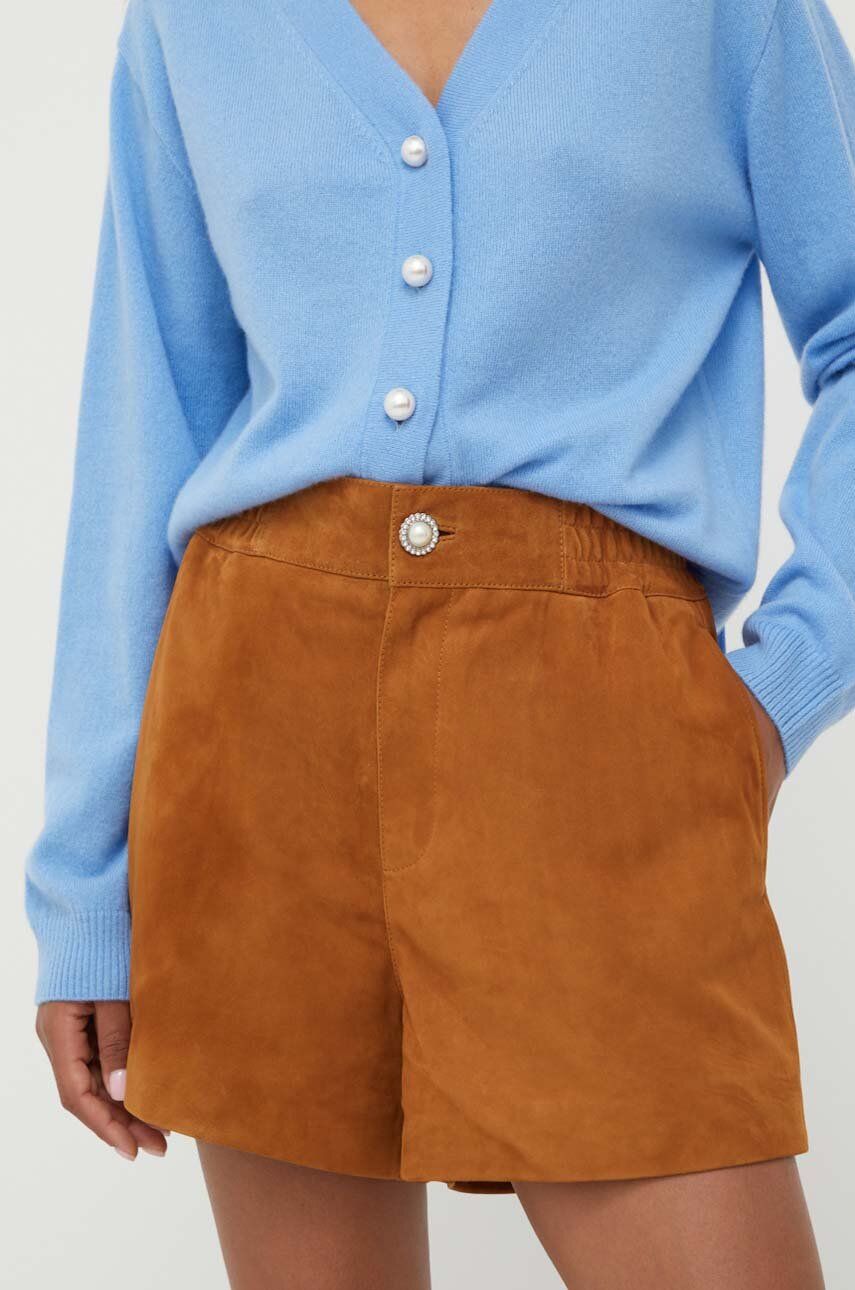 Custommade pantaloni scurți din piele întoarsă culoarea maro, neted, high waist