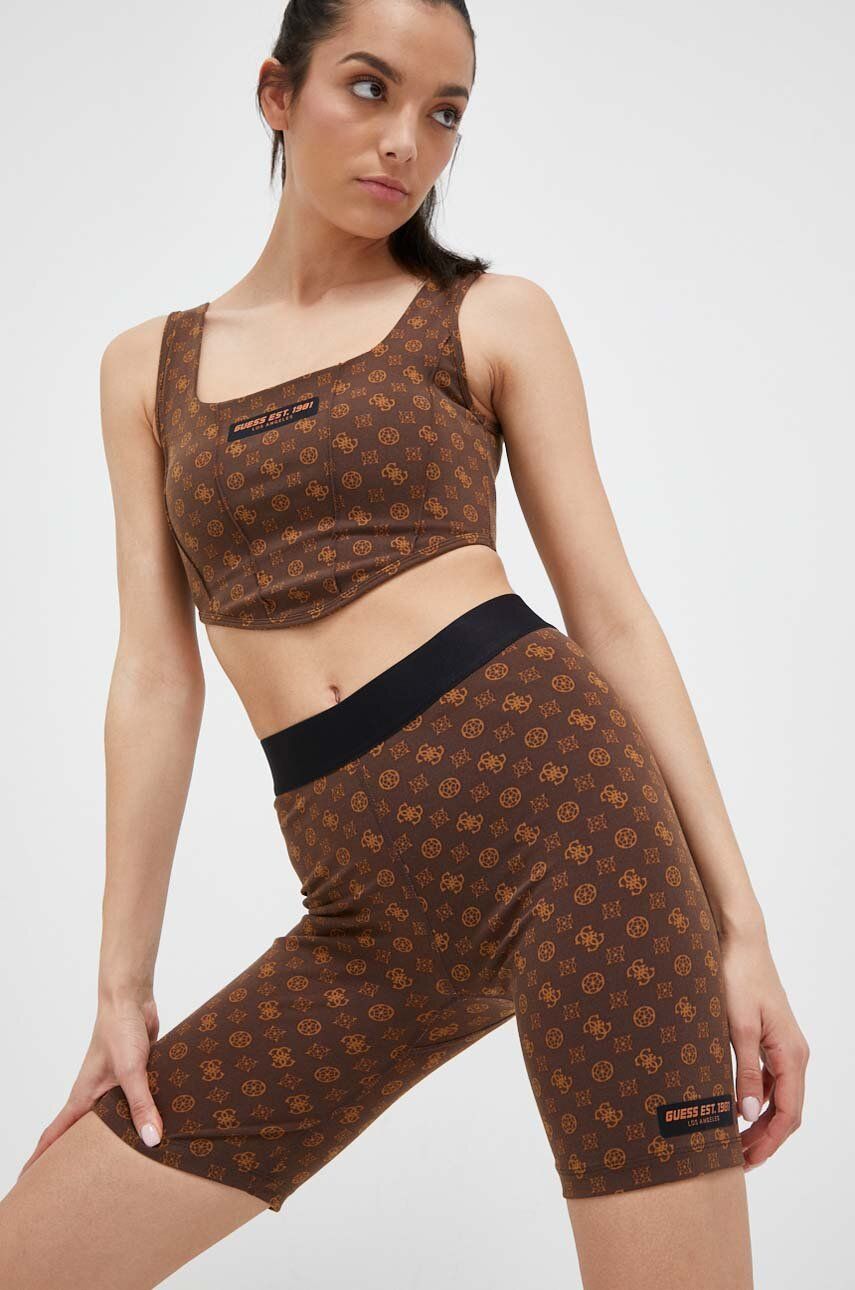 E-shop Kraťasy Guess dámské, hnědá barva, vzorované, medium waist