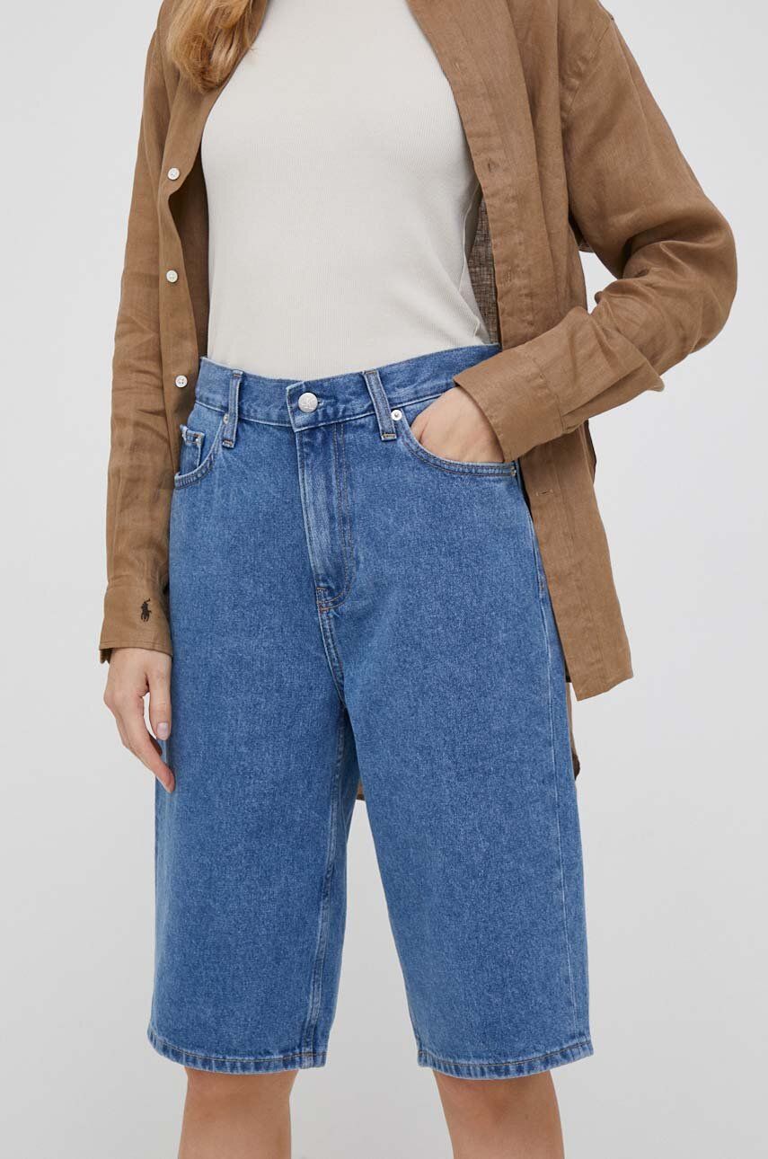 Levně Džínové šortky Calvin Klein Jeans dámské, tmavomodrá barva, hladké, high waist
