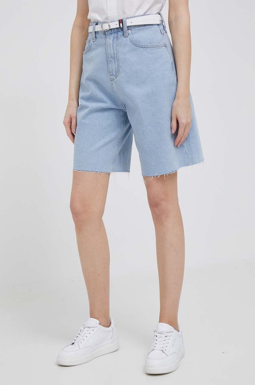 

Дънкови къси панталони Calvin Klein Jeans в синьо с изчистен дизайн с висока талия, Син