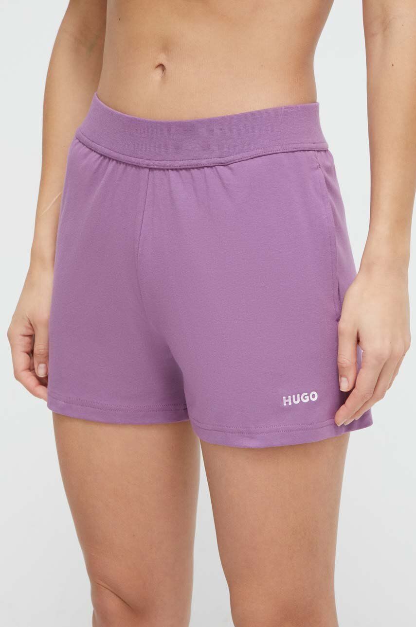 HUGO pantaloni scurți de lounge culoarea violet, uni, high waist 50490596