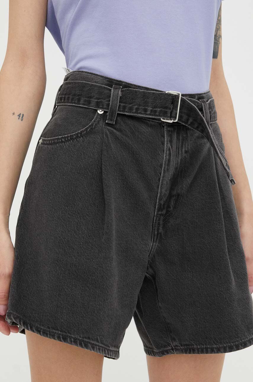 Levi's pantaloni scurti jeans femei, culoarea negru, neted, high waist