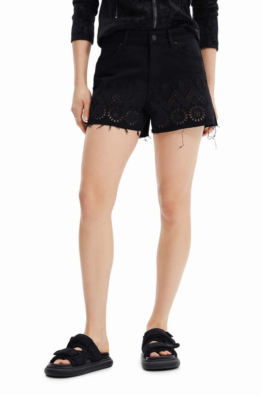 Desigual Pantaloni Scurti Jeans Femei, Culoarea Negru, Neted, Medium Waist