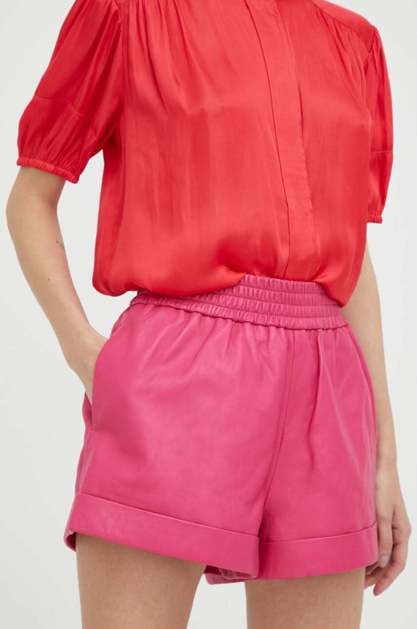 Levně Kožené šortky 2NDDAY dámské, růžová barva, hladké, high waist