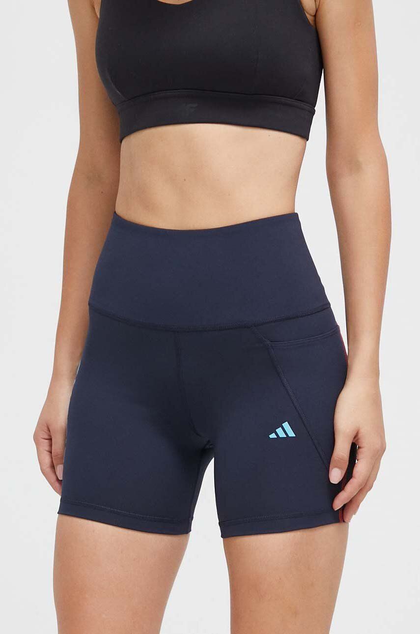 Levně Běžecké šortky adidas Performance Adizero Lite tmavomodrá barva, s potiskem, high waist