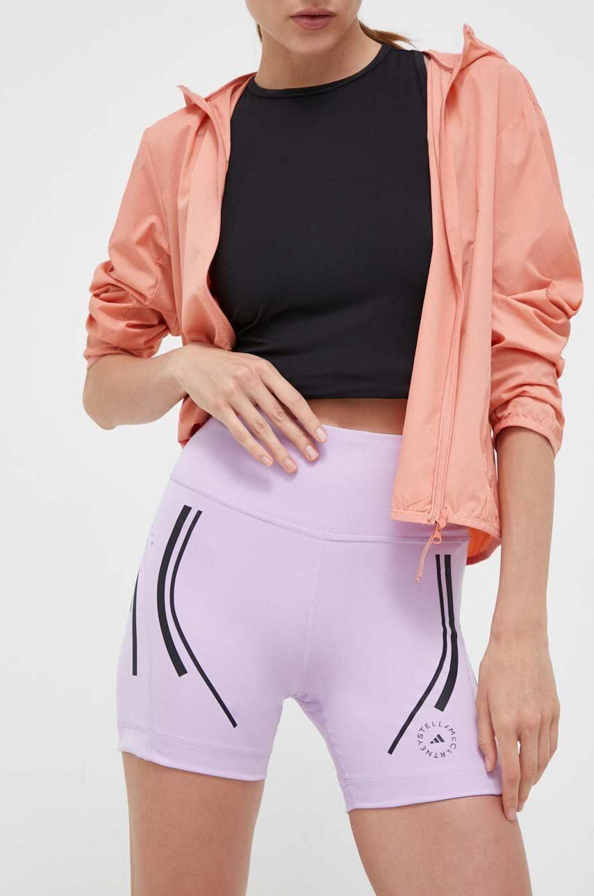 Levně Běžecké šortky adidas by Stella McCartney TruePace fialová barva, s potiskem, high waist