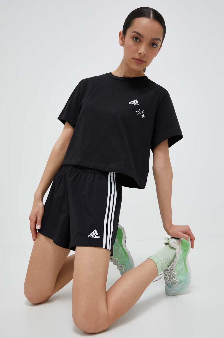 adidas pantaloni scurți femei, culoarea negru, cu imprimeu, high waist HT3397