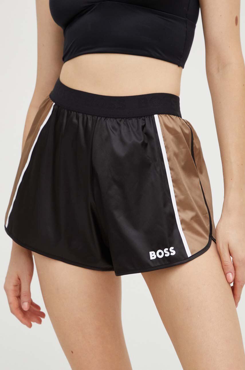 Kratke hlače BOSS za žene, boja: crna, s uzorkom, visoki struk