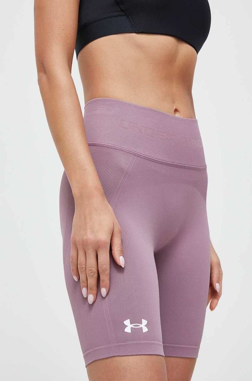 Tréninkové šortky Under Armour fialová barva, hladké, high waist - fialová - 92 % Nylon