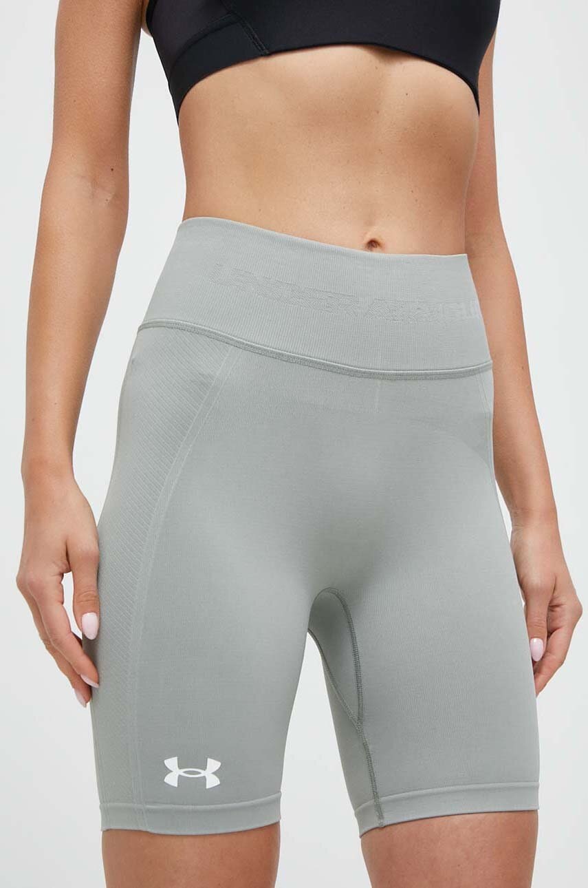 Under Armour pantaloni scurți de antrenament culoarea verde, neted, high waist