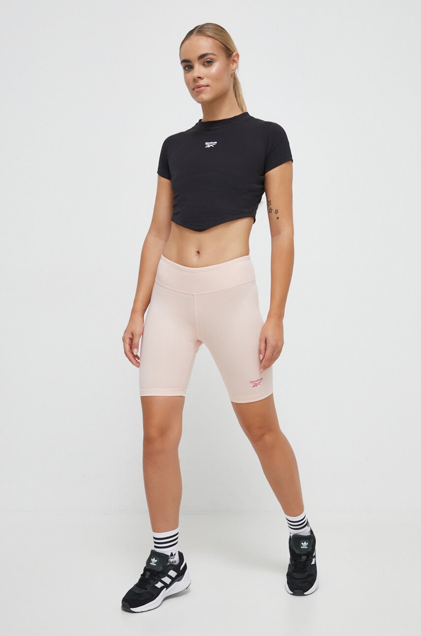 Reebok pantaloni scurti femei, culoarea roz, neted, high waist