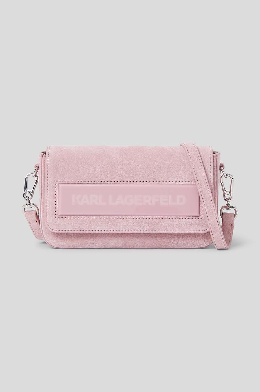 Kožená kabelka Karl Lagerfeld ICON K SM FLAP SHB SUEDE růžová barva - růžová -  86 % Hovězí use