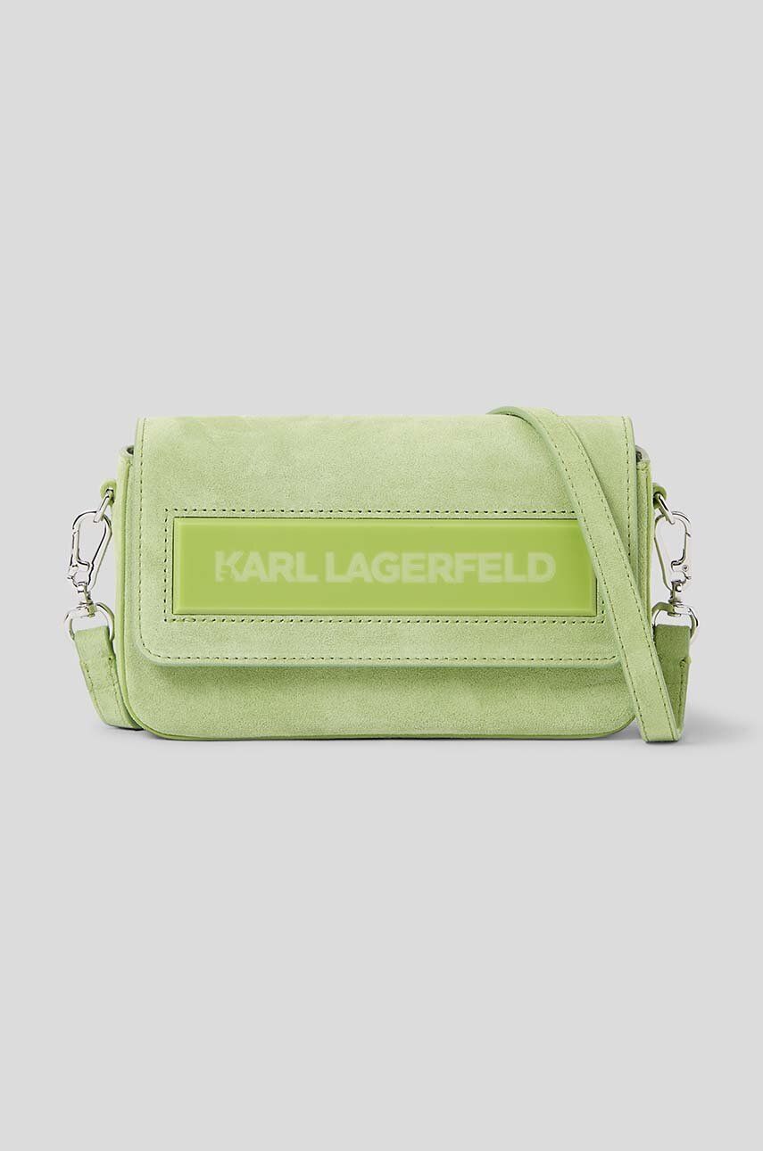 Levně Kožená kabelka Karl Lagerfeld ICON K SM FLAP SHB SUEDE zelená barva