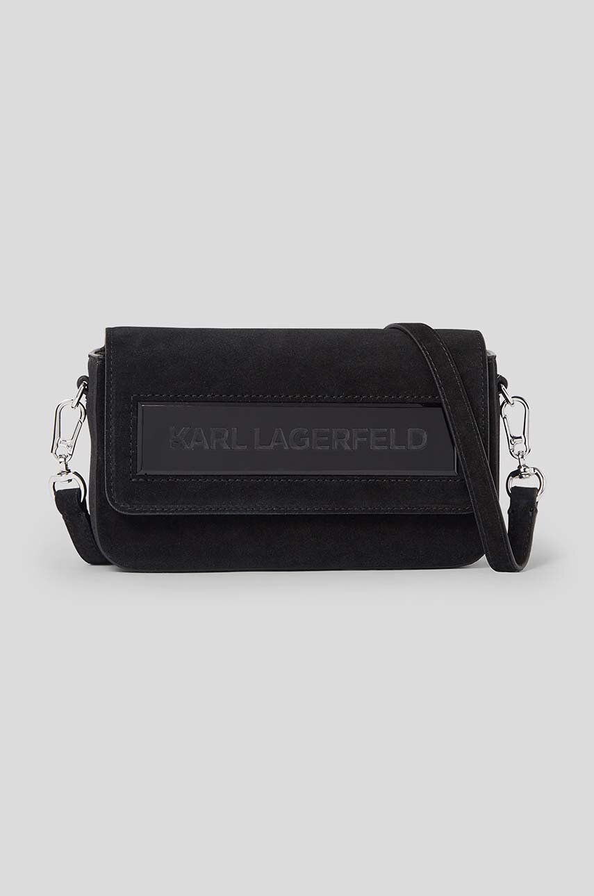 Kožená kabelka Karl Lagerfeld ICON K SM FLAP SHB SUEDE černá barva - černá -  86 % Hovězí useň