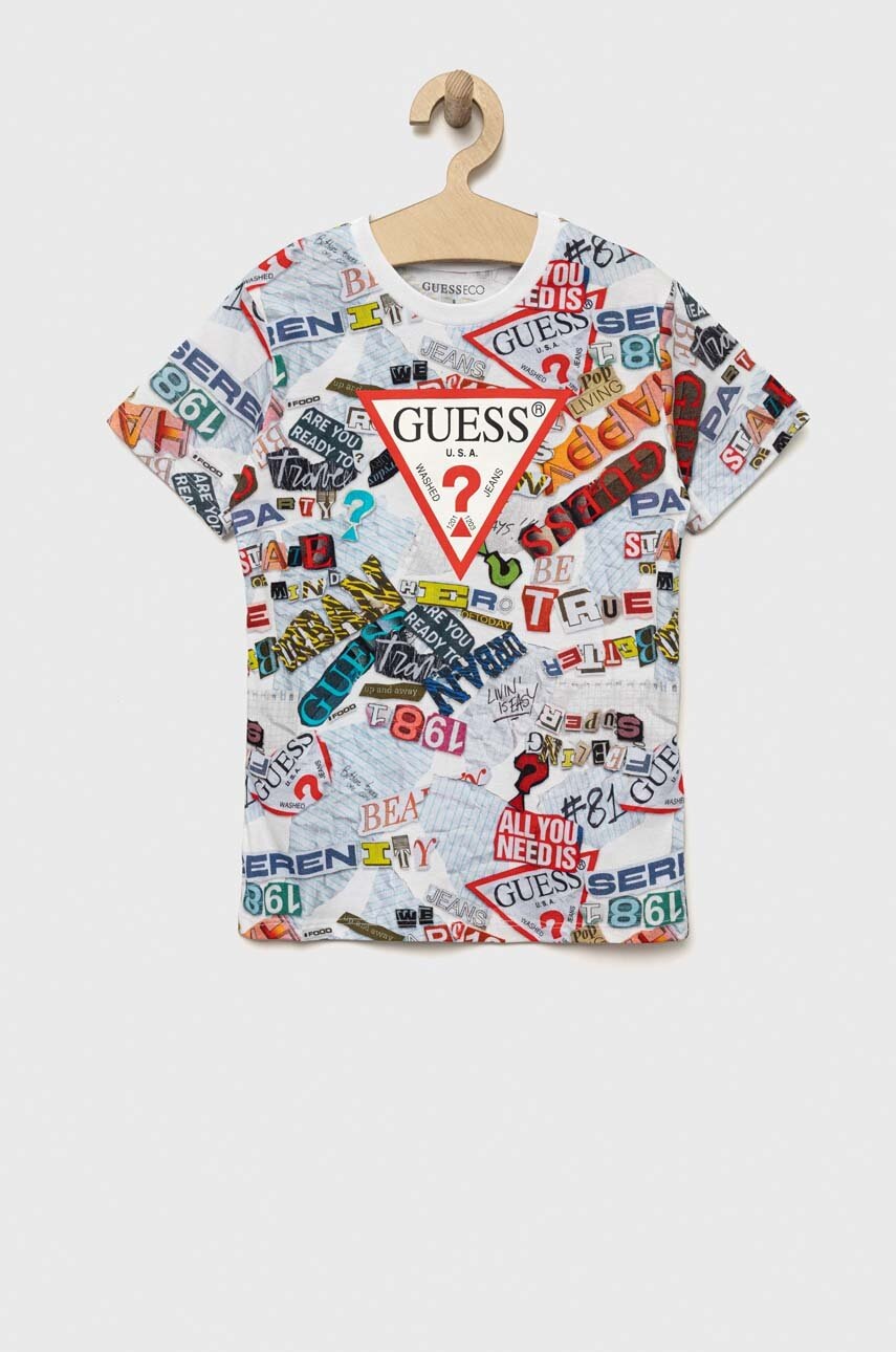 

Детская хлопковая футболка Guess цвет белый узорная