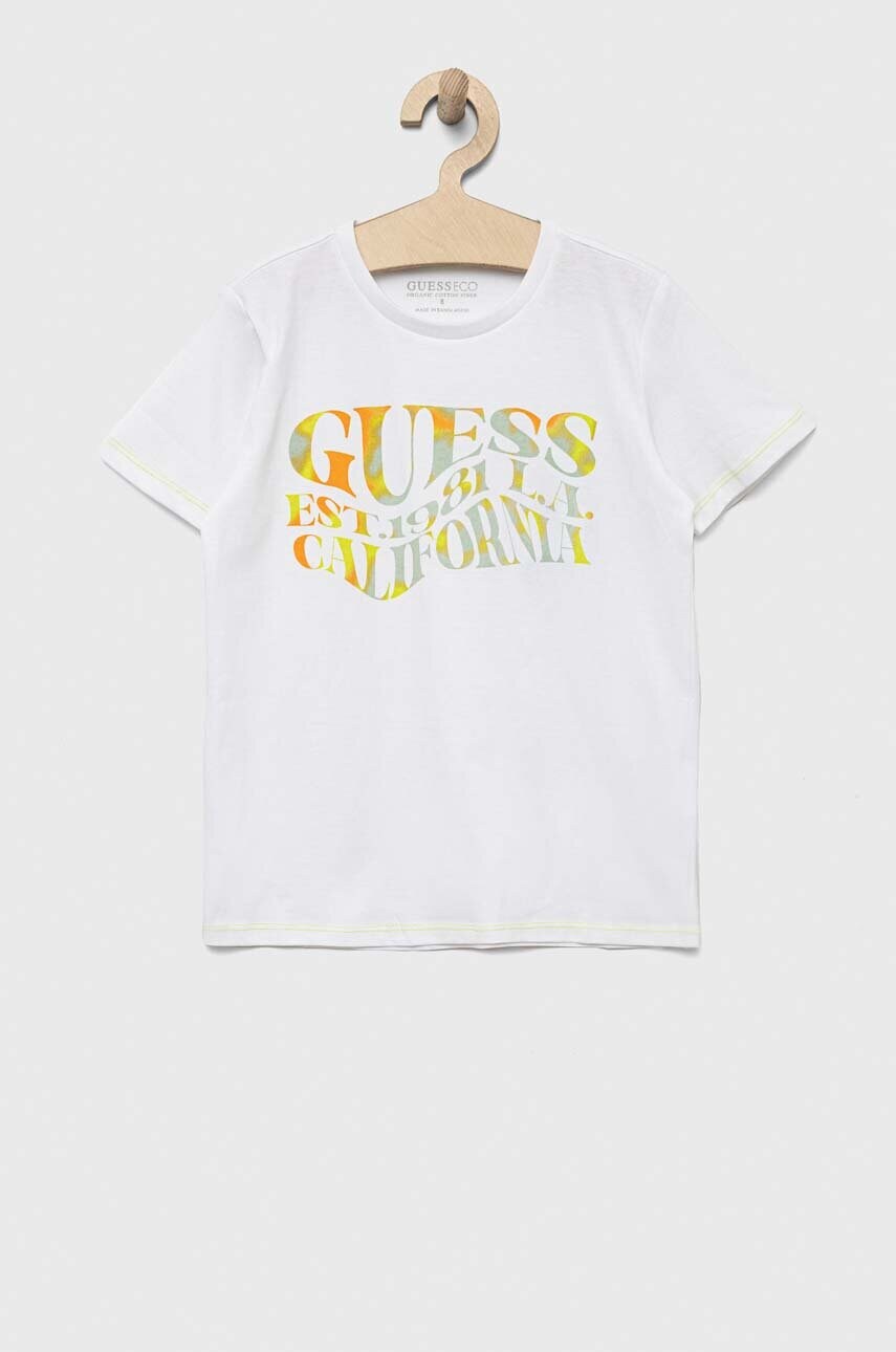 

Детская хлопковая футболка Guess цвет белый с принтом