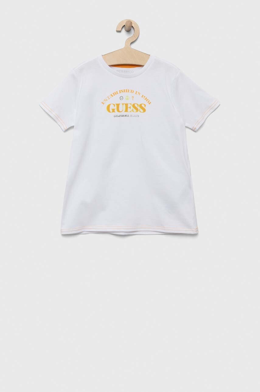

Детска памучна тениска Guess в бяло с принт, Бял
