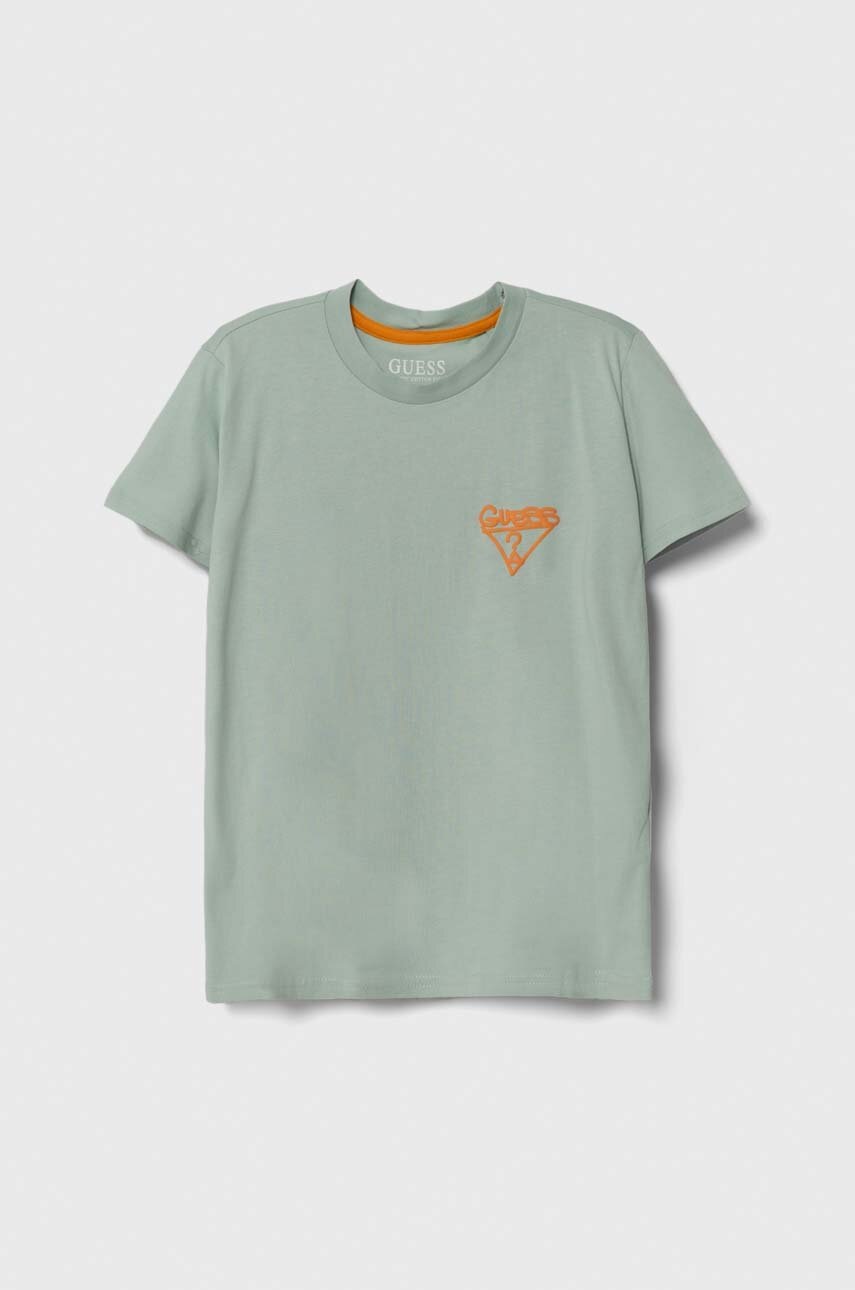 

Детская хлопковая футболка Guess цвет бирюзовый с принтом