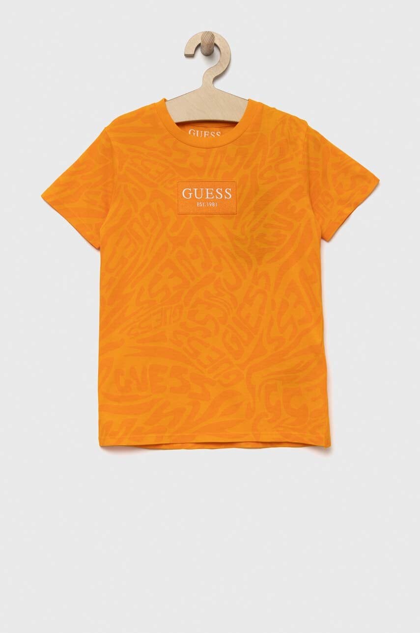 Детская хлопковая футболка Guess цвет оранжевый узорная Детская хлопковая футболка Guess цвет оранжевый узорная