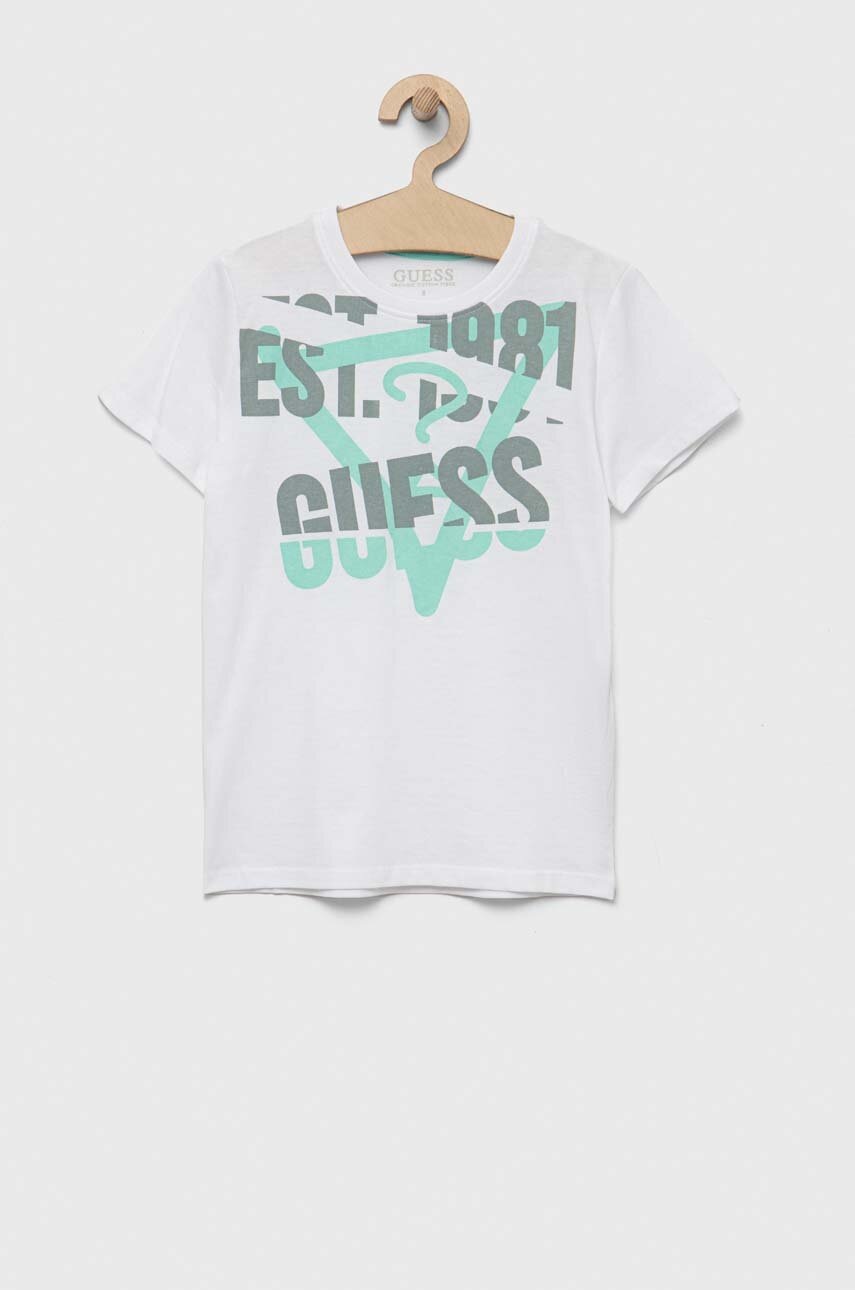 

Детская хлопковая футболка Guess цвет белый с принтом