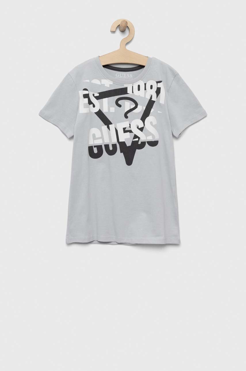 

Дитяча бавовняна футболка Guess колір сірий з принтом
