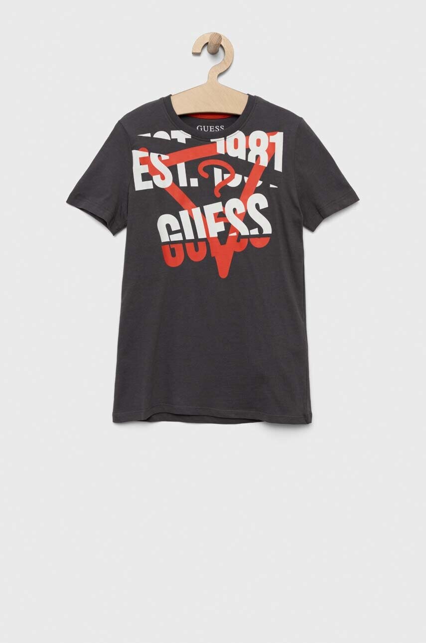 

Дитяча бавовняна футболка Guess колір сірий з принтом
