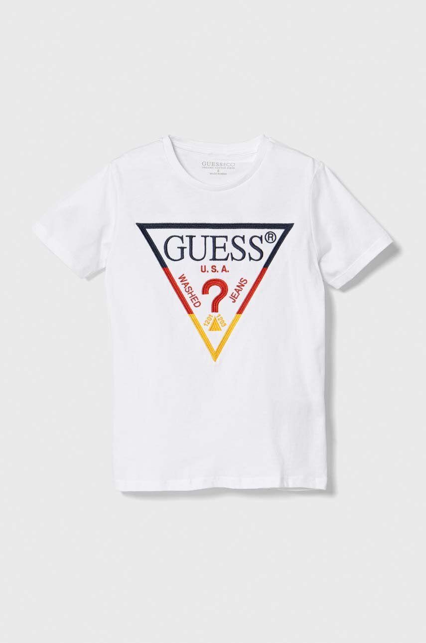 

Детская хлопковая футболка Guess цвет белый с аппликацией