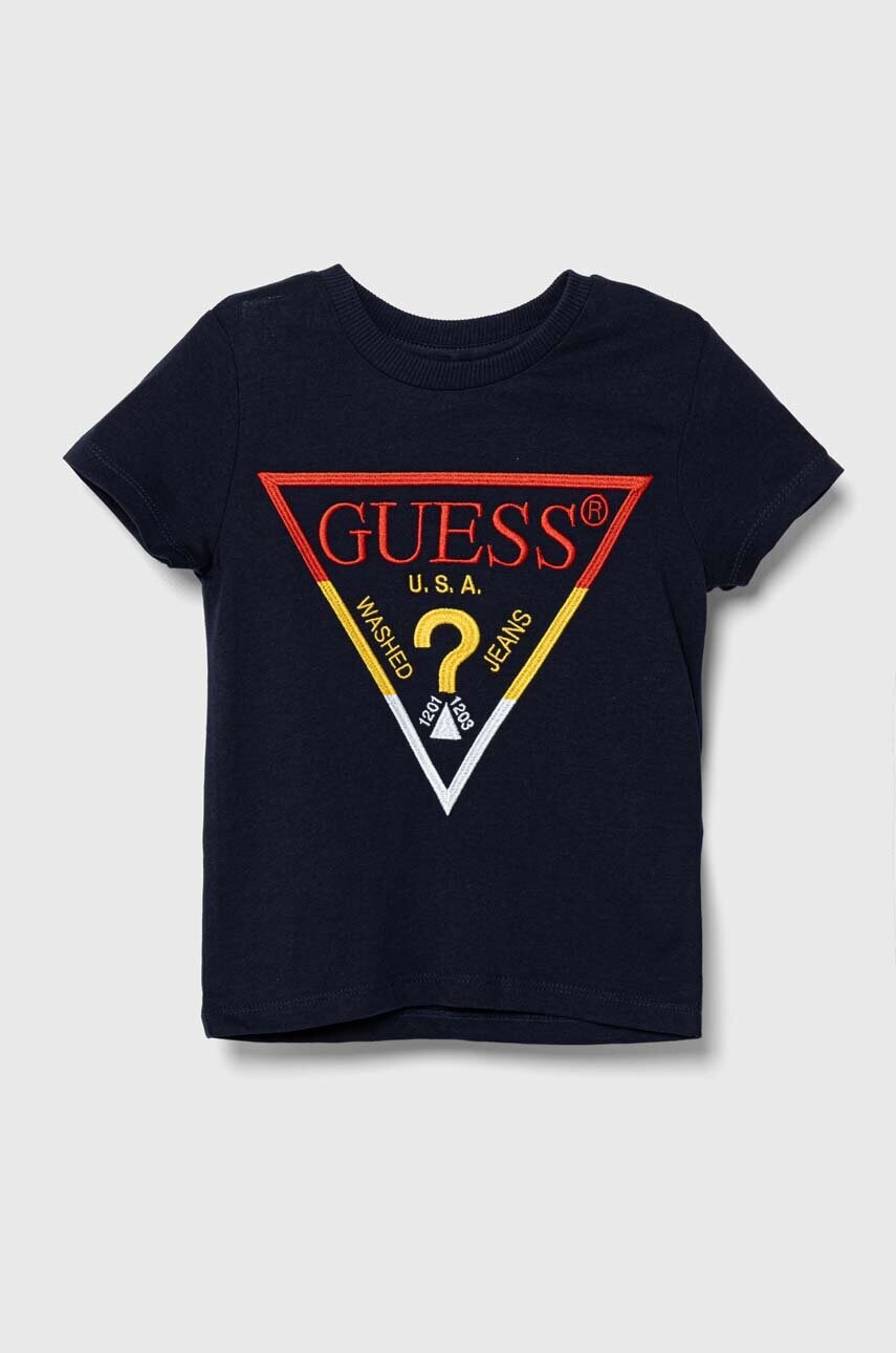 

Дитяча бавовняна футболка Guess колір синій з аплікацією