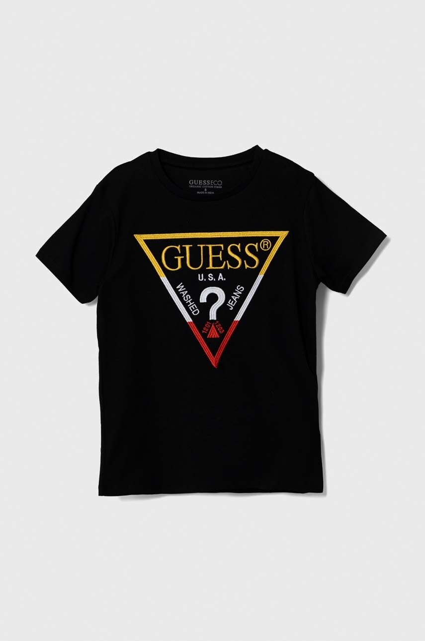 

Детская хлопковая футболка Guess цвет чёрный с аппликацией