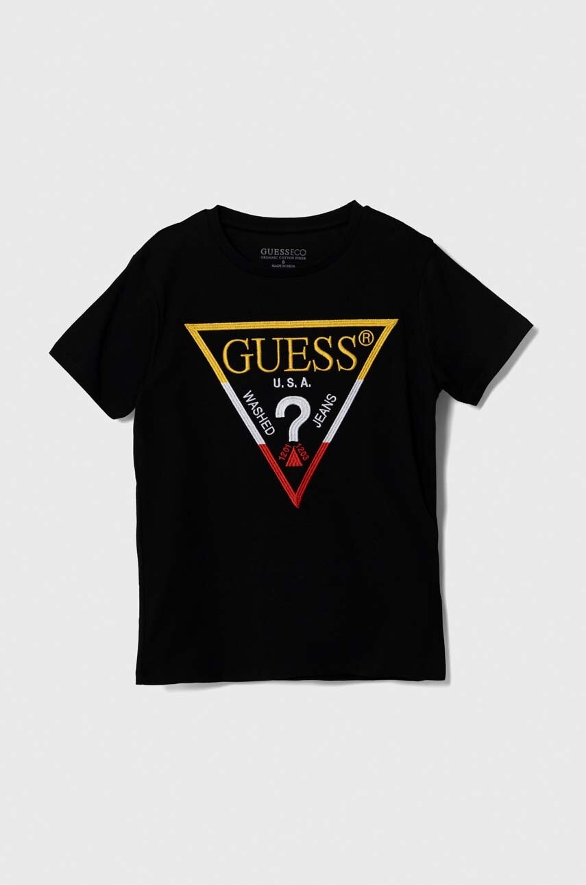Детская хлопковая футболка Guess цвет чёрный с аппликацией Детская хлопковая футболка Guess цвет чёрный с аппликацией
