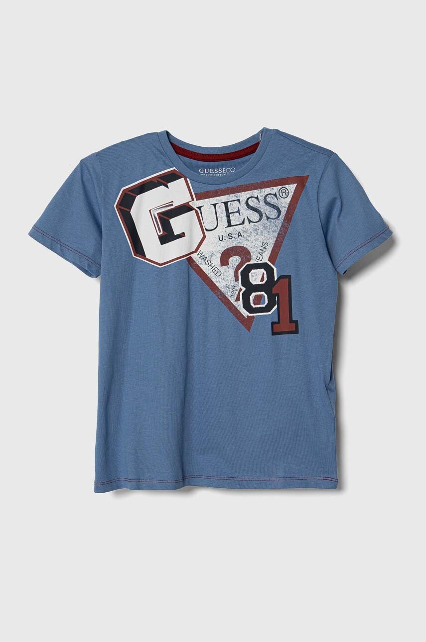 

Детска памучна тениска Guess в синьо с принт, Син