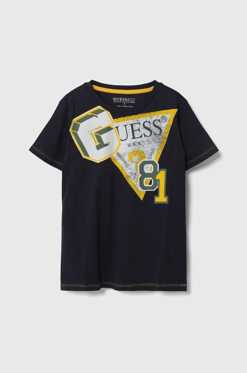 

Дитяча бавовняна футболка Guess колір синій з принтом