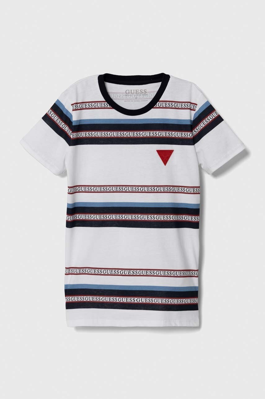 

Детская хлопковая футболка Guess цвет белый узорная