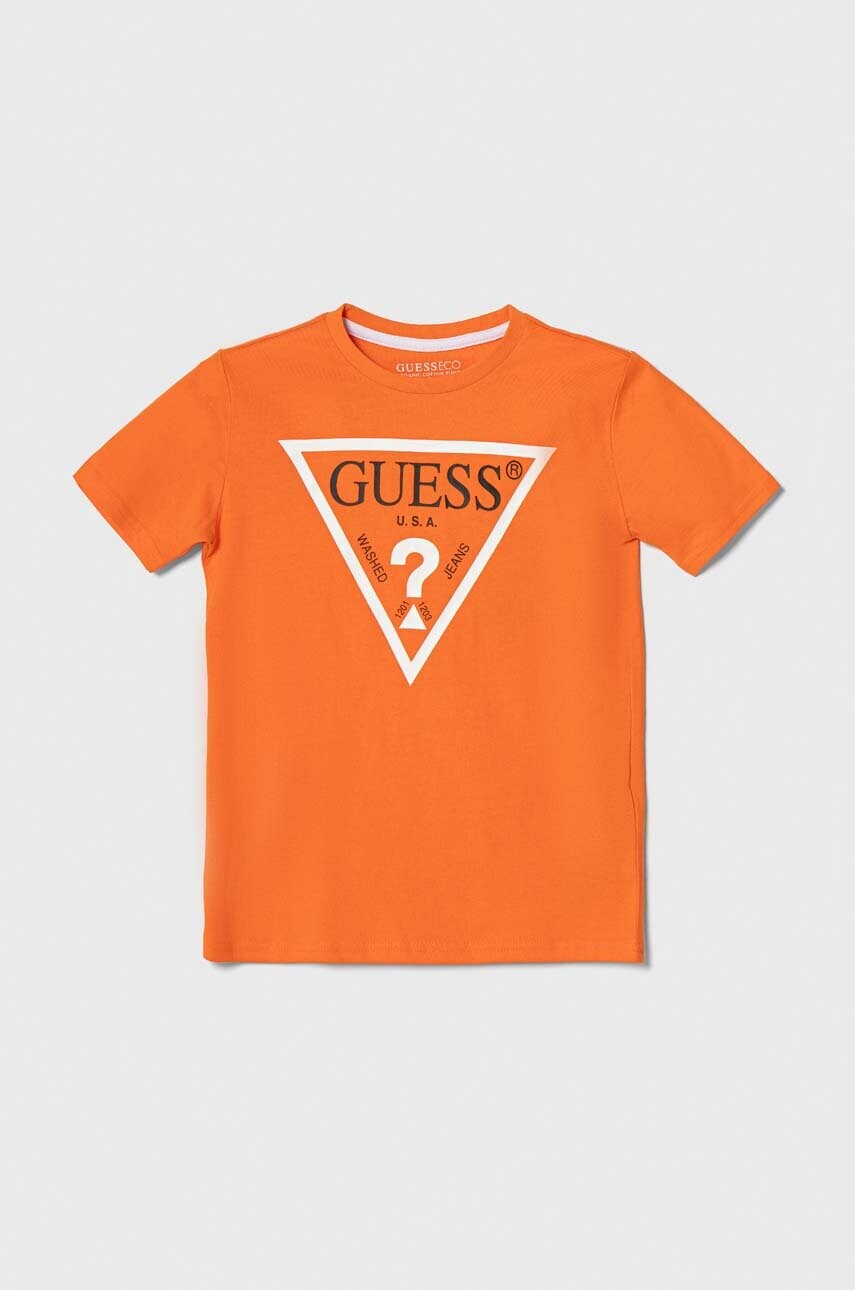 

Дитяча бавовняна футболка Guess колір помаранчевий з принтом