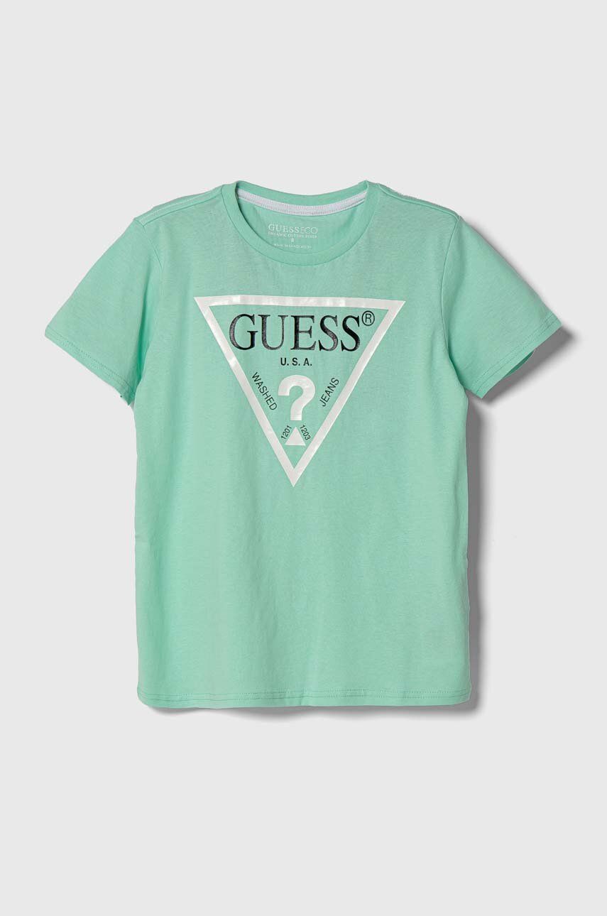 Dětské bavlněné tričko Guess tyrkysová barva, s potiskem - tyrkysová -  100 % Bavlna