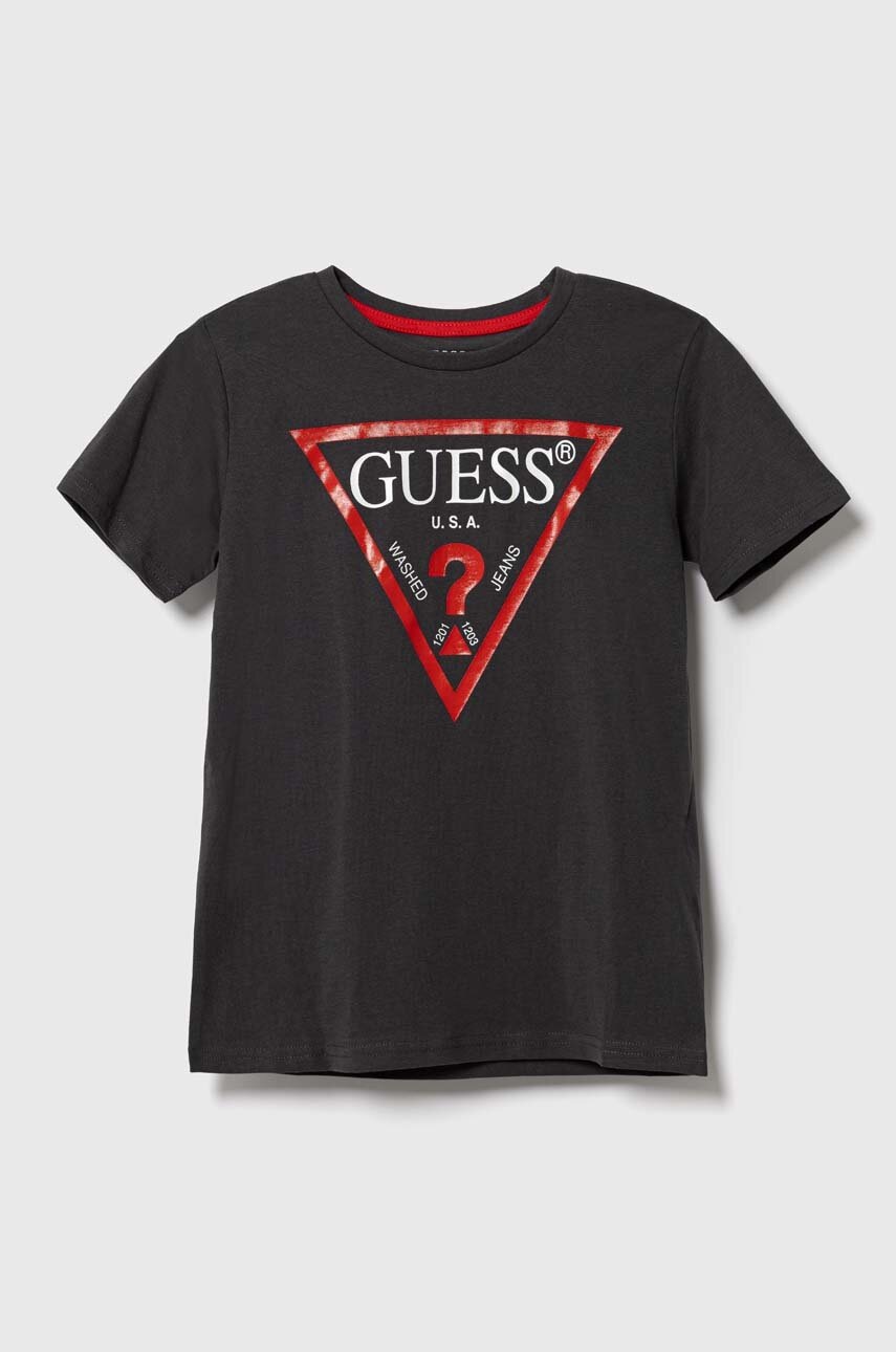 

Дитяча бавовняна футболка Guess колір сірий з принтом