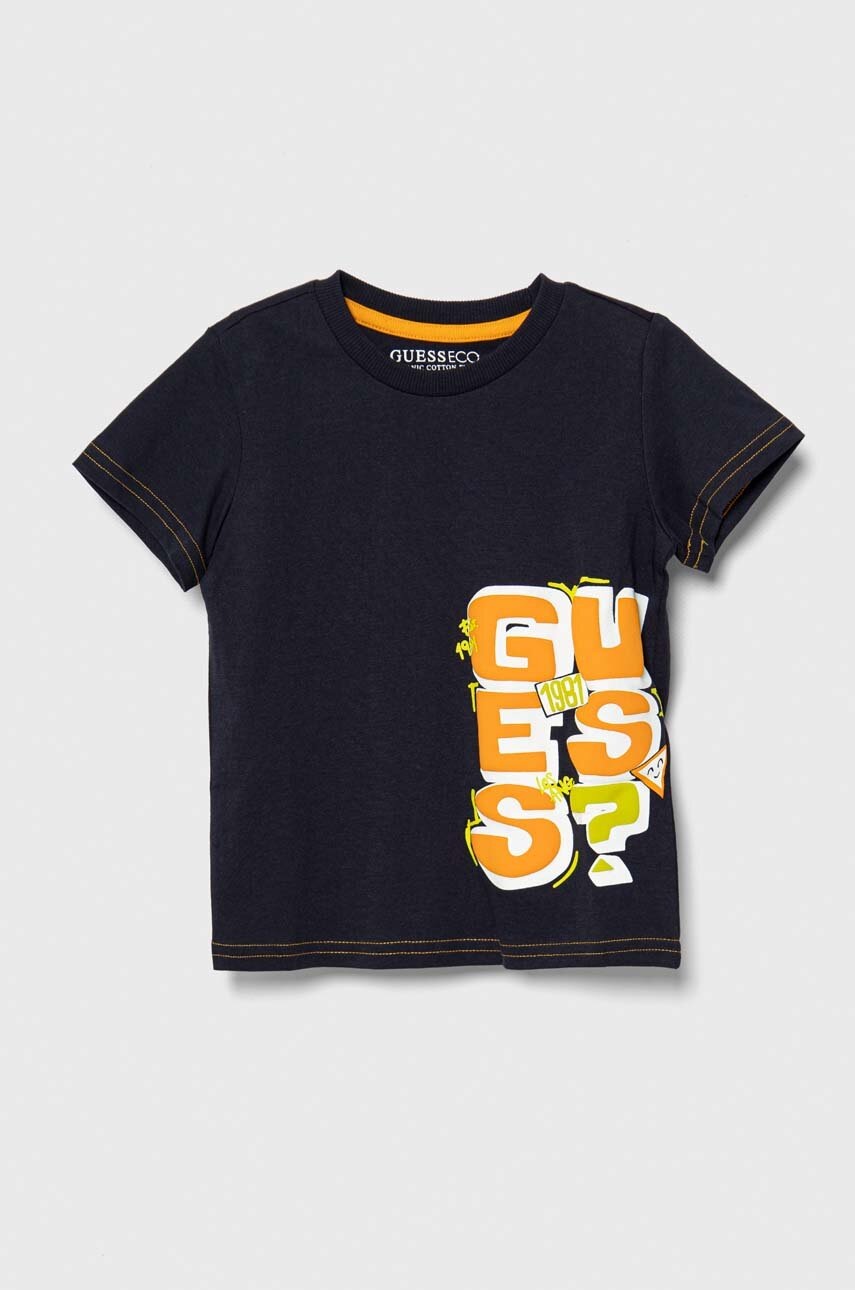 

Детская хлопковая футболка Guess цвет синий с принтом