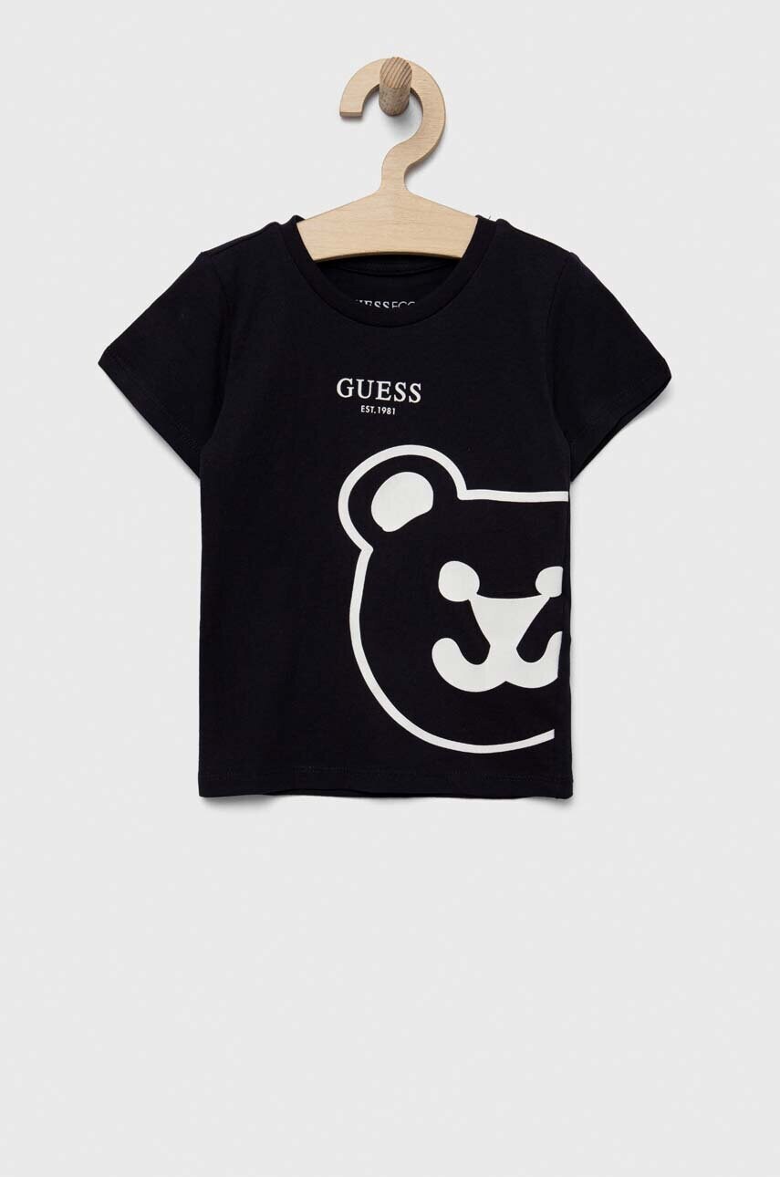 

Дитяча бавовняна футболка Guess колір синій з принтом