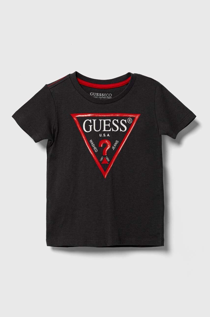 

Дитяча бавовняна футболка Guess колір сірий з принтом