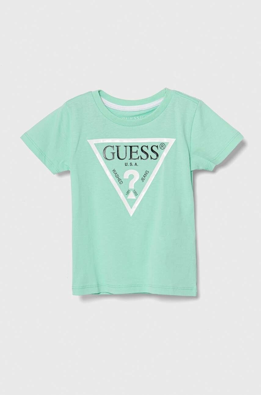 

Дитяча бавовняна футболка Guess колір бірюзовий з принтом