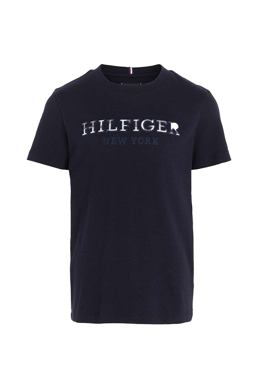 

Дитяча бавовняна футболка Tommy Hilfiger колір синій з аплікацією