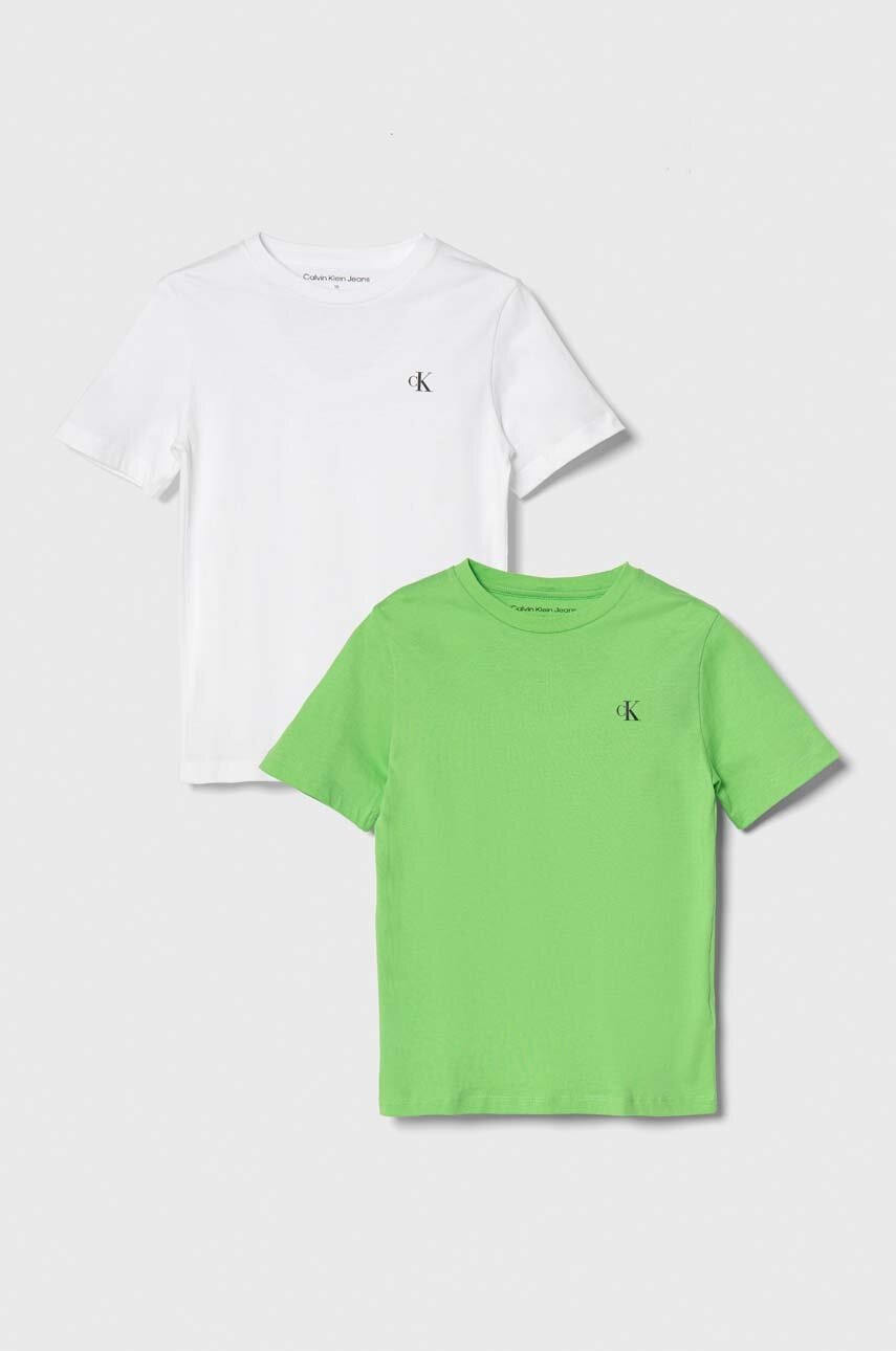

Детска памучна тениска Calvin Klein Jeans (2 броя) в зелено с изчистен дизайн, Зелен