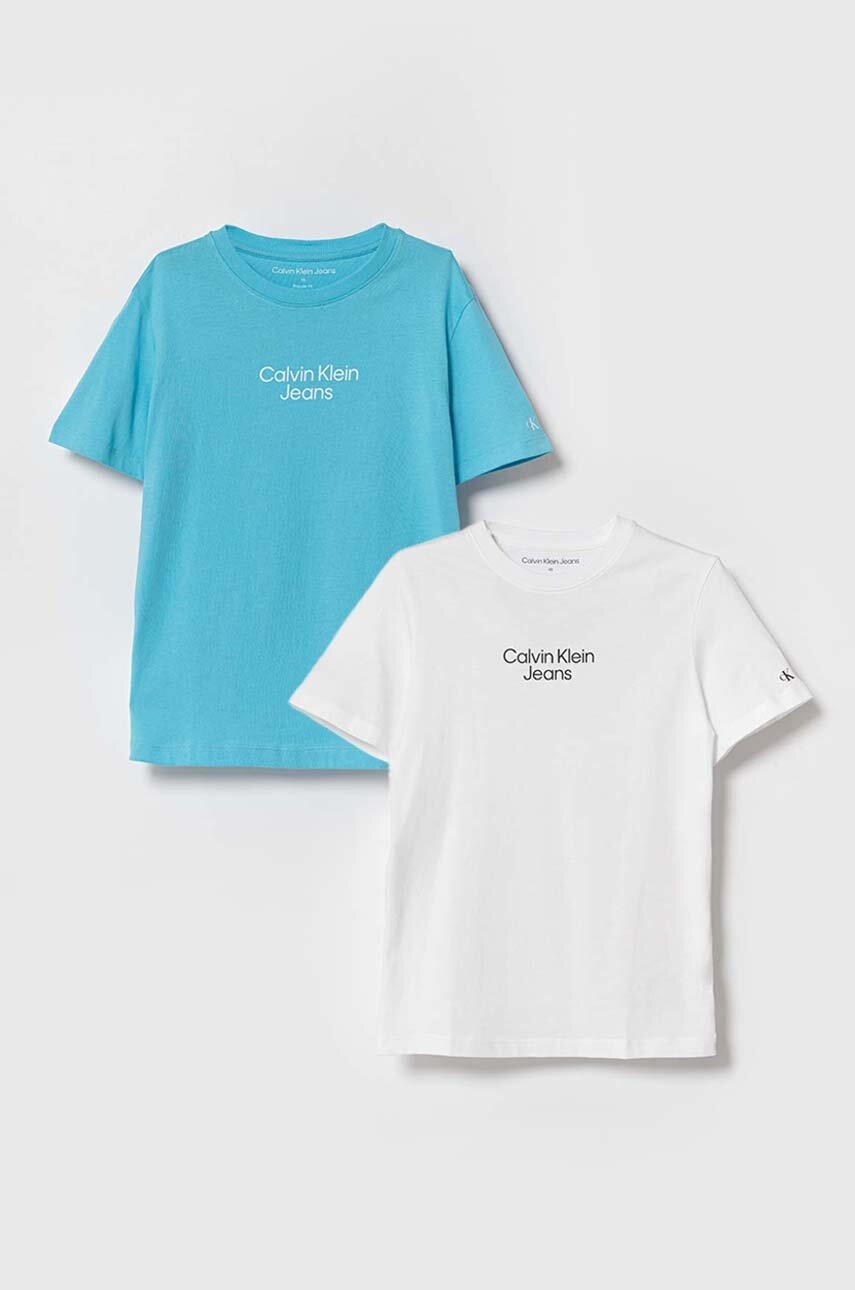 

Детска памучна тениска Calvin Klein Jeans (2 броя) в синьо с принт, Син
