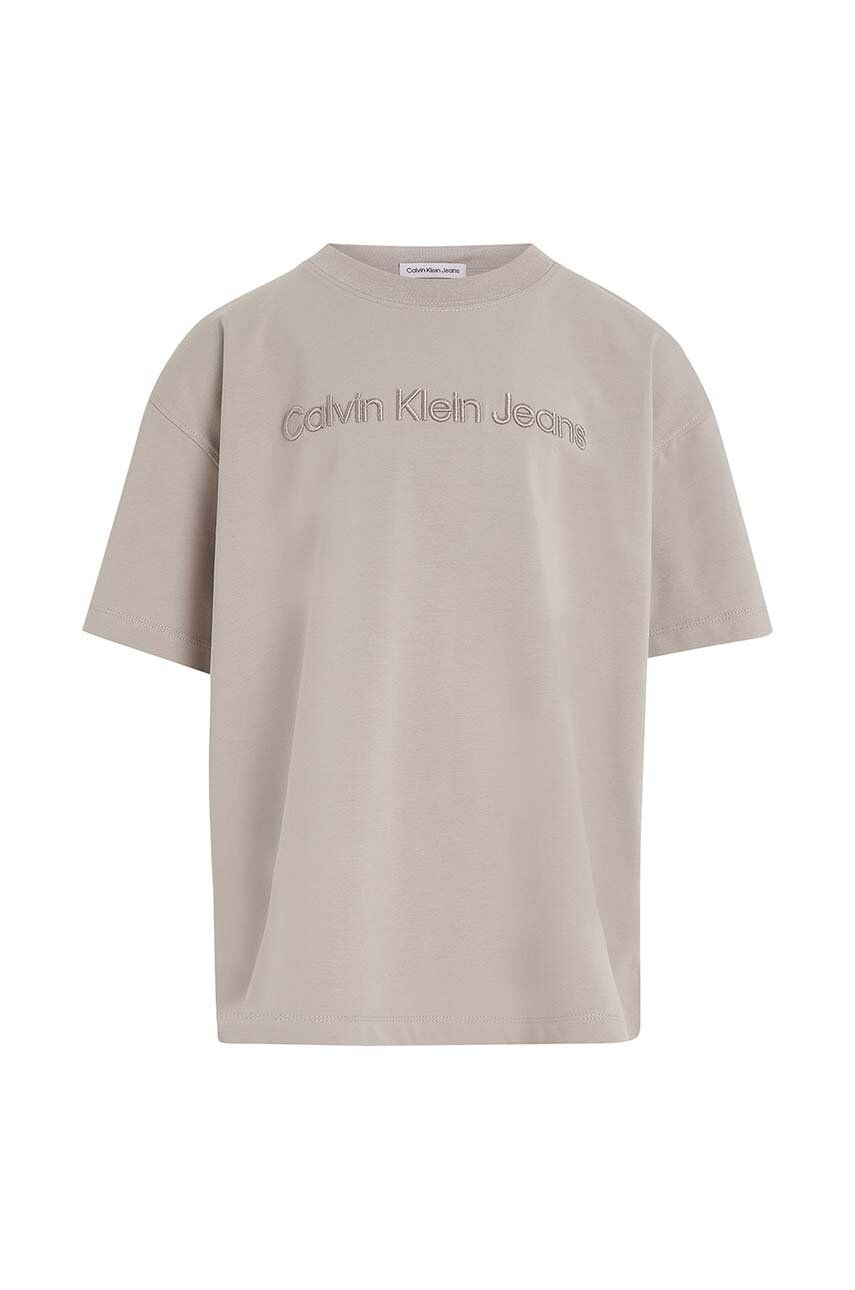 Tričko Calvin Klein Jeans šedá barva, s aplikací - šedá -  94 % Bavlna