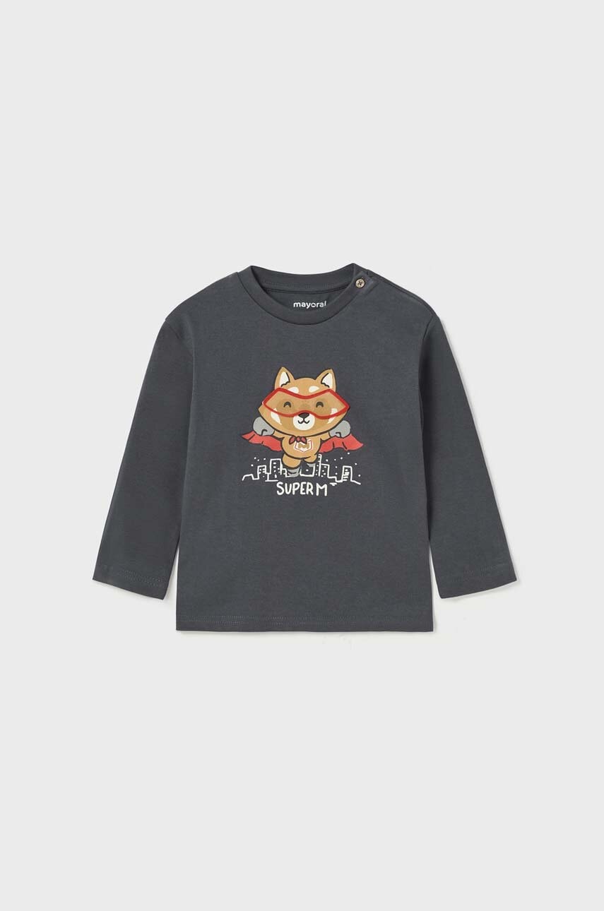 Хлопковый лонгслив для младенцев Mayoral цвет серый с принтом Хлопковый лонгслив для младенцев Mayoral цвет серый с принтом